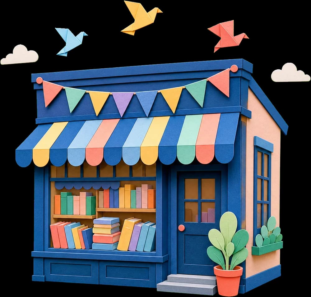 Illustration en papier découpé : la devanture d'une librairie, son auvent rayé et sa vitrine remplie de livres colorés.