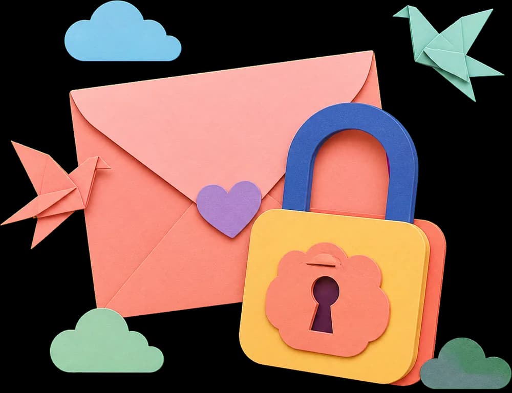 Illustration en papier découpé : un cadenas aux formes rondes devant une enveloppe fermée.