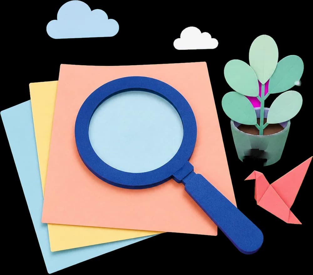 Illustration en papier découpé : une loupe posée sur des feuillets de papier coloré.