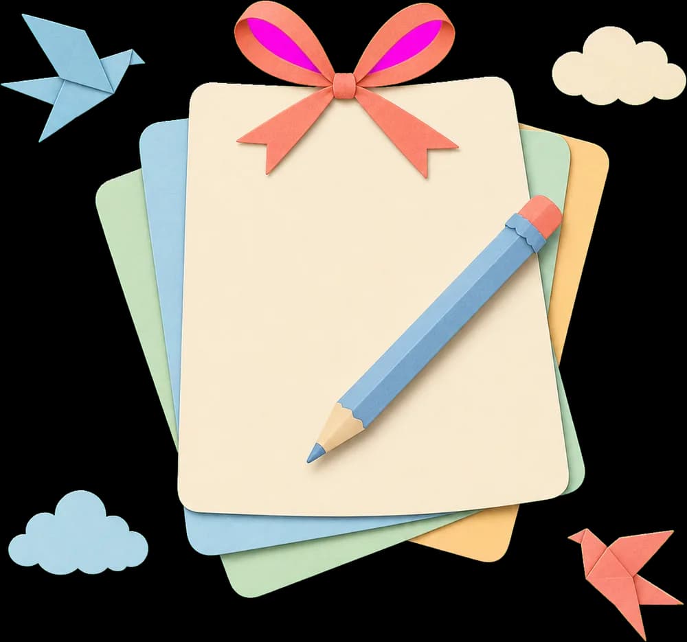Illustration en papier découpé : une pile de feuillets nouée d'un ruban corail, un crayon posé dessus.
