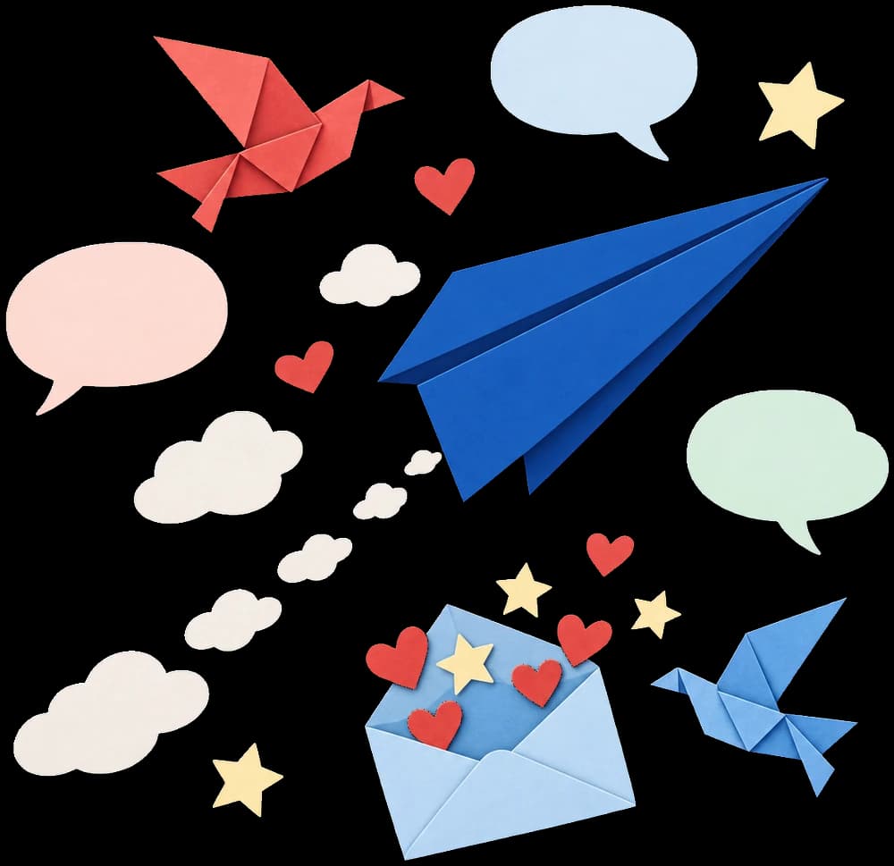 Illustration en papier découpé : un avion en papier s'élance parmi des nuages, des bulles de dialogue et une enveloppe ouverte.